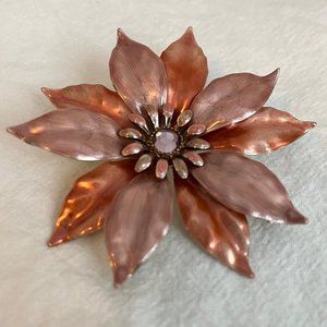 Vintage Flower Brooch with Pink Rhinestone center, Pink and Salmon